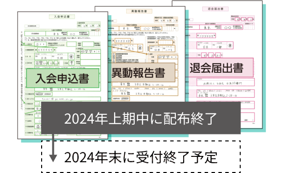 入会申込書 異動報告書 退会届出書 2024年上期中に配布終了 2024年末に受付終了予定